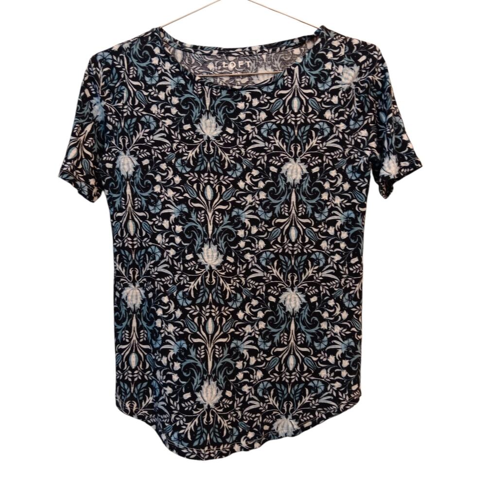 LOFT 100% Linen Top Shirt SM Lightweight Stretchy Floral Blue Summer‎ Vacation